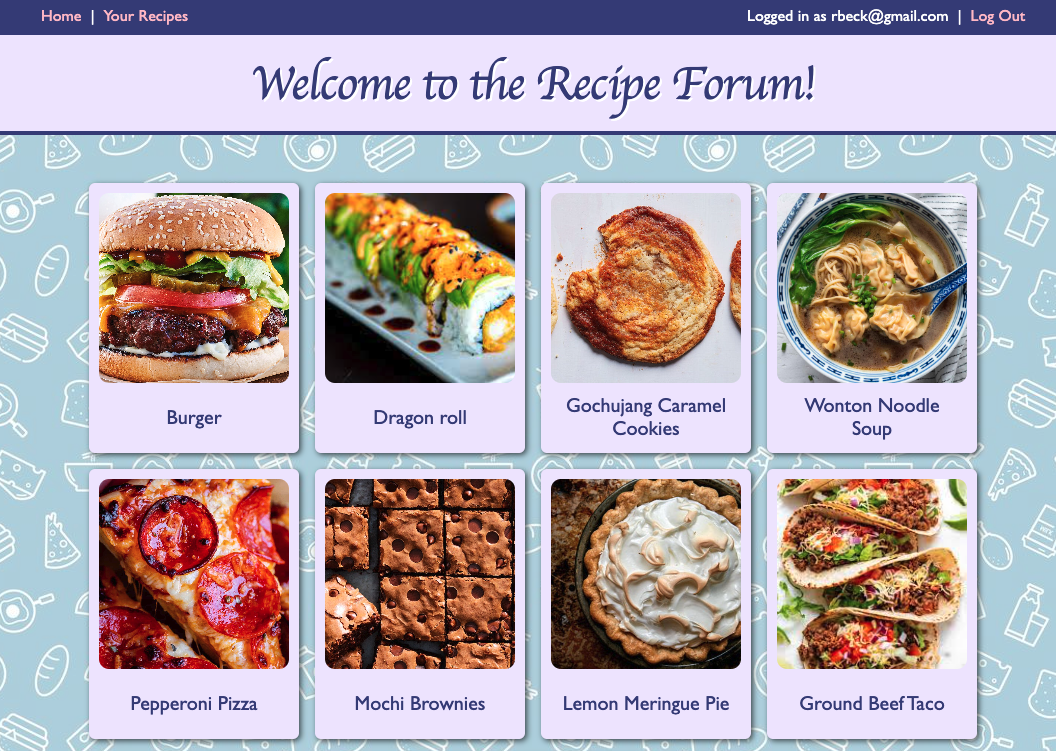 Main page of recipe food forum